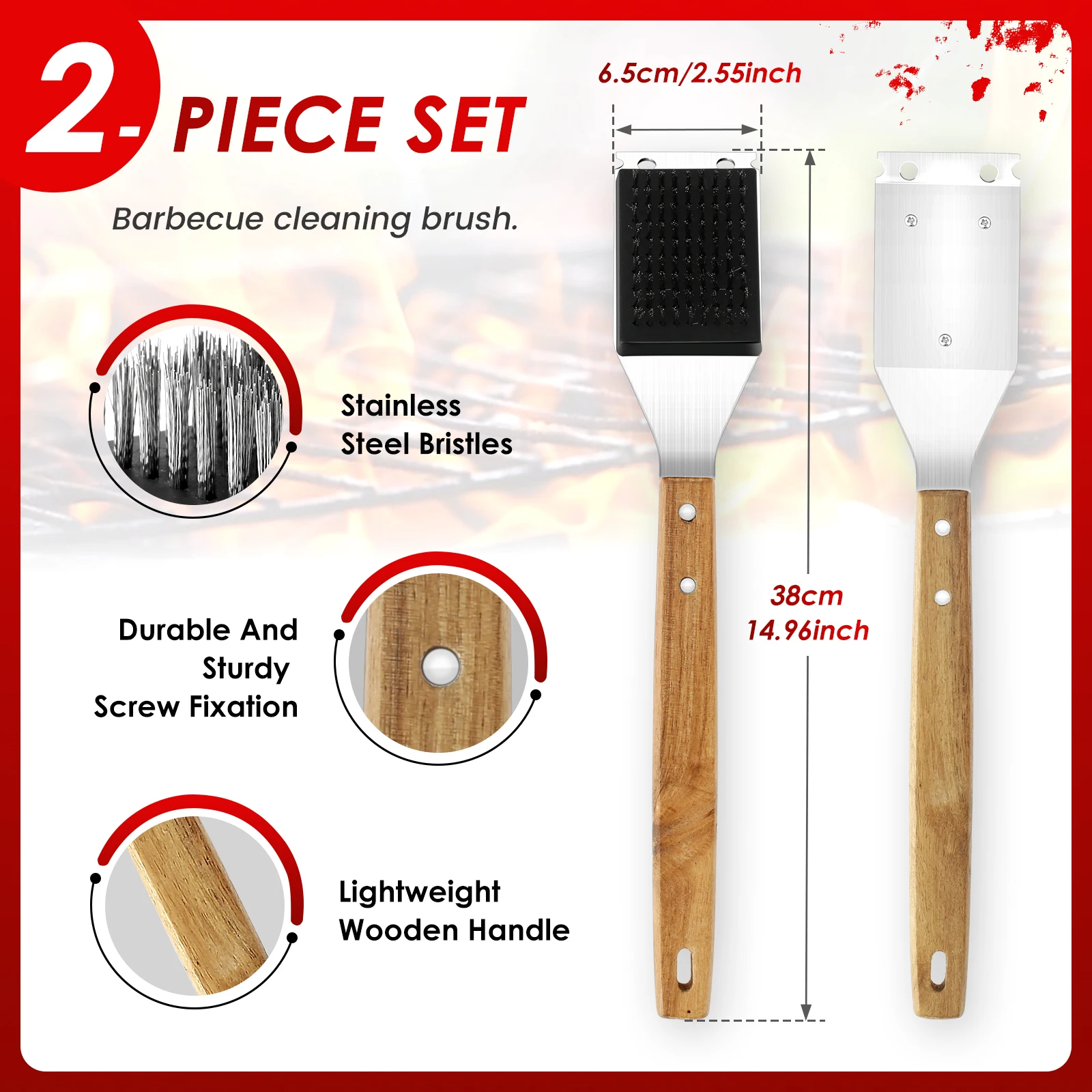 2Pcs Barbecue Brush 15 Inch BBQ Brush Kit Outdoor Effective Grill Cleaning with Wood Handle and Scraper for Grill Cleaning