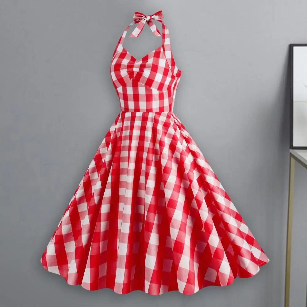 

Swing Dress Vintage-inspired 1950s Pink Plaid Dress Lace-up Bowknot Halter Hidden Zipper Flattering A-line Party Swing Dress