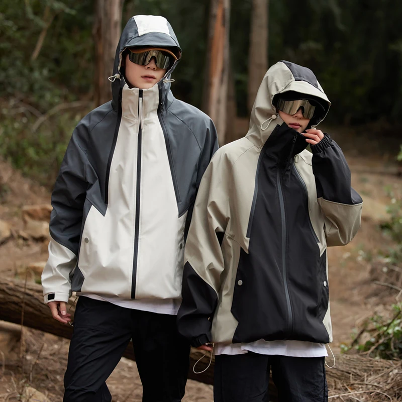 Hiking Jackets Men Waterproof Coats Women's Windproof Windbreaker Coat Outdoor Camping Patchwork Color Loose Coat Hooded Jacket