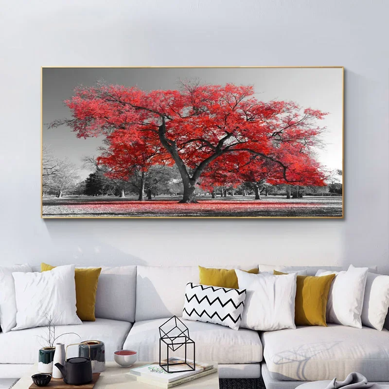 Pintura al óleo pintada a mano en blanco y negro paisaje lienzo arte de  pared con árbol rojo para sala de estar