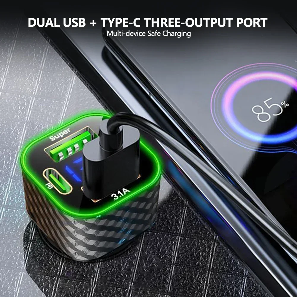 Caricabatterie per Auto 4 in 1 USB C Dual PD con Display di Tensione, Adattatore di Ricarica Super Veloce 380W per iPhone/Android/Samsung Galaxy - immagine 4