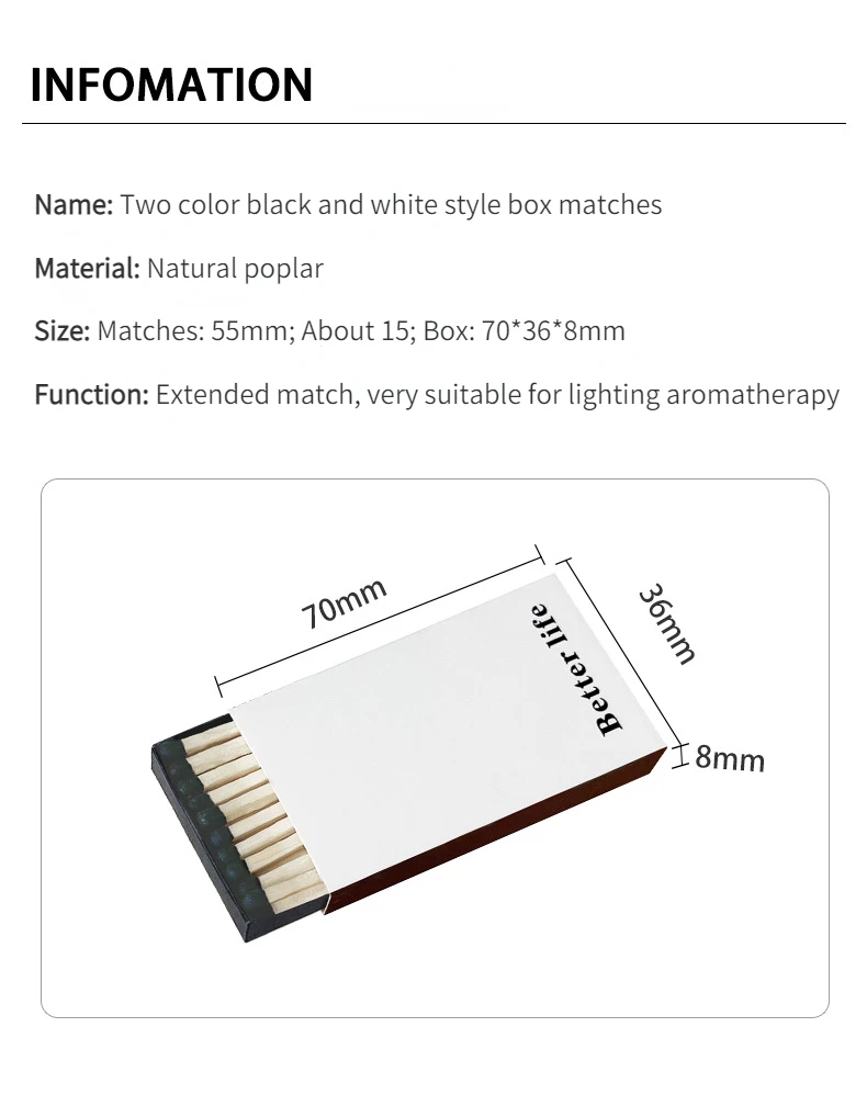 Description Picture 3 of item10pcs/pack Classic Black and White Box Matches for Smoking Cigarette Accessories Long Match Moxibustion Cigar 55mm 15 Sticks