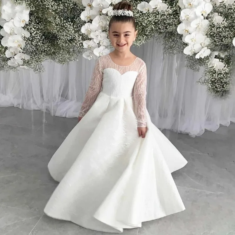 

Flower Girl Dresses White Tulle With Big Bow Long Sleeves For Wedding Birthday Party Banquet First Communion Gowns