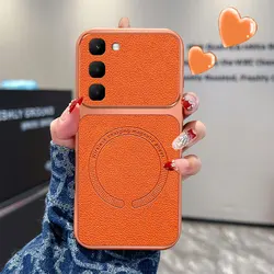 Magsafe Magnetic PU Leather Texture Shockproof Case with Non - slip Silicone Frame for Infinix Hot 60i 5G (Orange)