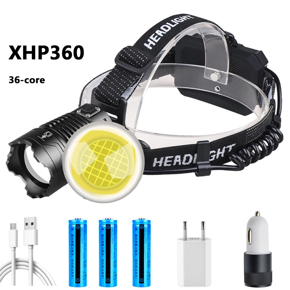 

D2 36-Core XHP360 XHP90 Led Headlamp Headlight Super Bright Zoomable Powerbank USB Rechargeable 18650 Head Flashlight Lamp Torch