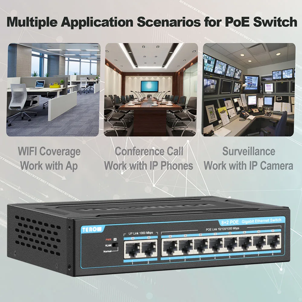 Terow 10 Portas Poe Switch 1000mbps Poe Mais Uplinks 120w Gigabit Ethernet Switch para Câmera ip ap sem Fio Sistema de Câmeras Cctv - Imagem 6