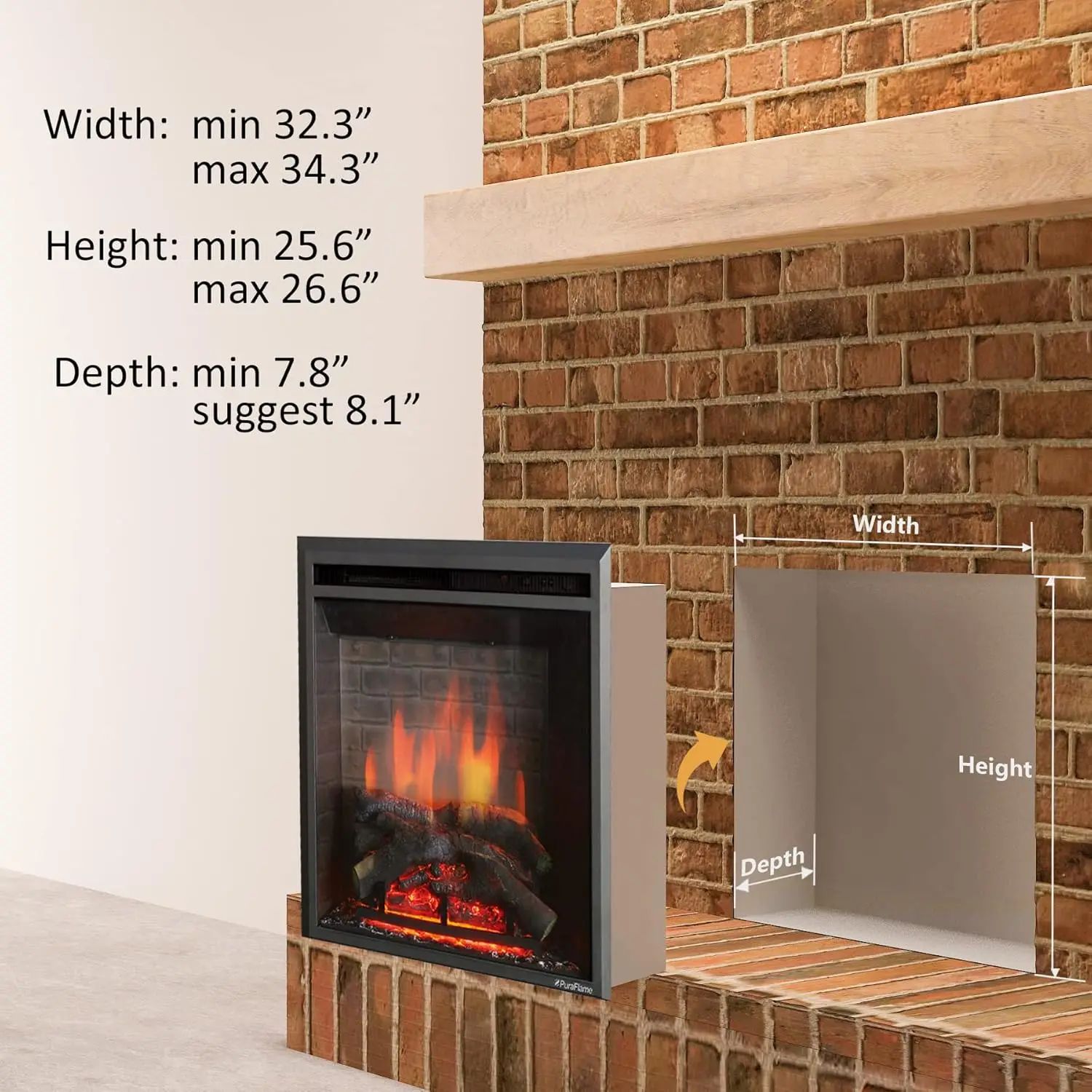 Western Electric Fireplace Insert with Fire Crackling Sound, Remote Control, 750/1500W, Black, 33 1/16 Inches Wide, High 3
