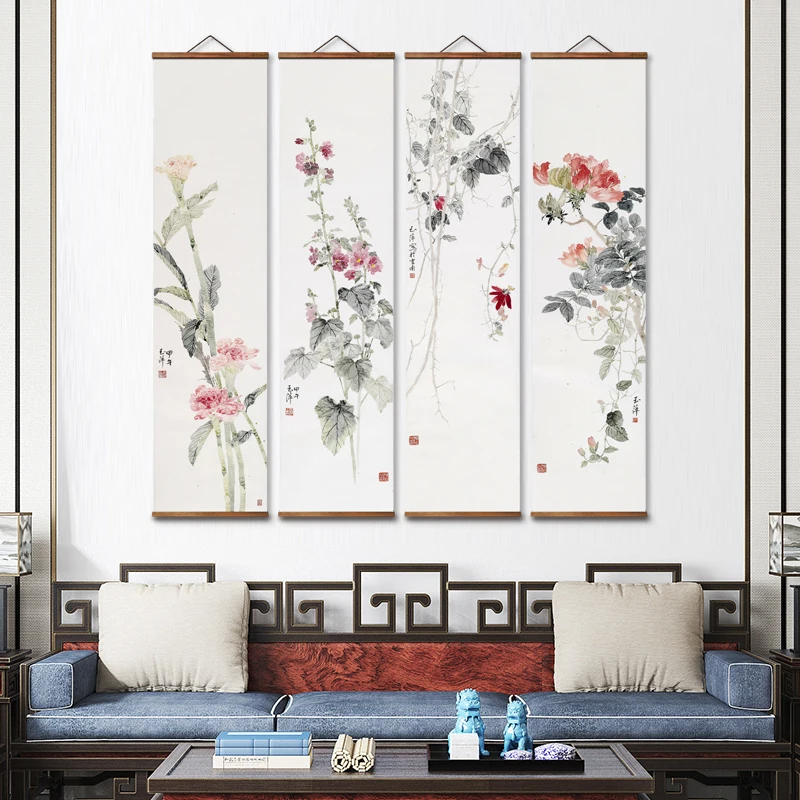 

MT0902 Chinese Style flower Canvas Decorative Wall Art Posters Solid Wood Scroll Paintings