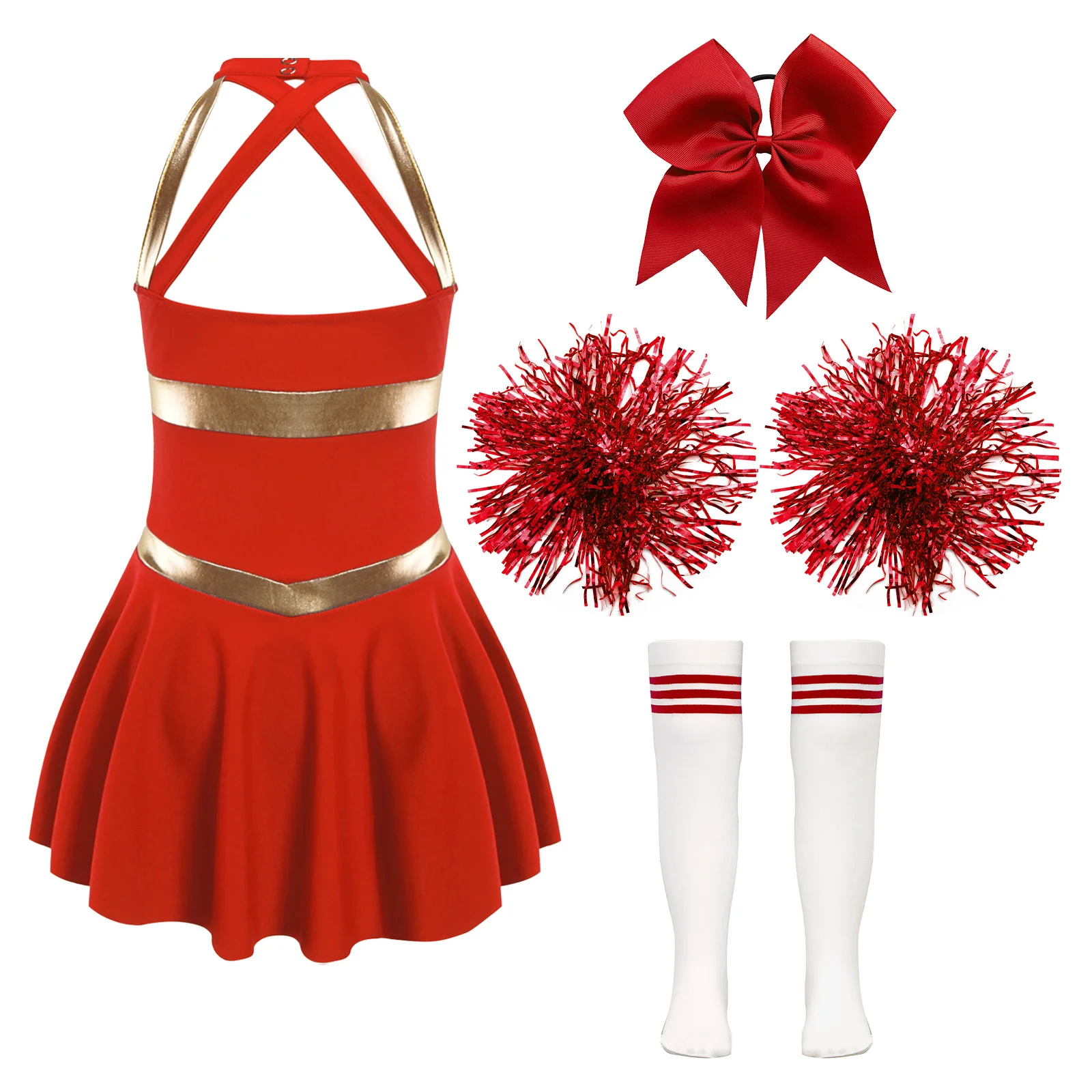 Children Cheerleading Costumes Kids Girls Cheerleading Costumes Childs Sleeveless Dress Hand Flowers Striped Socks Dancewear Sets Schoolgirl Cheer Dance Suits