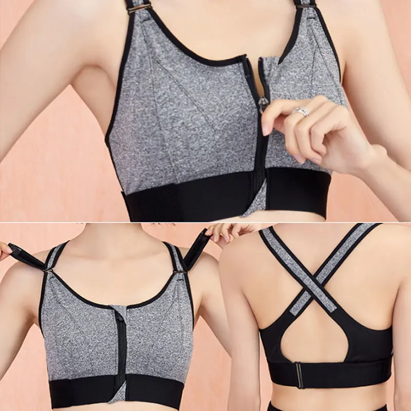 Women's Sports Bra Gathered Without Steel Ring Adjustable Belt Front Zipper  Yoga Running Vest Shockproof Underwear Plus Size