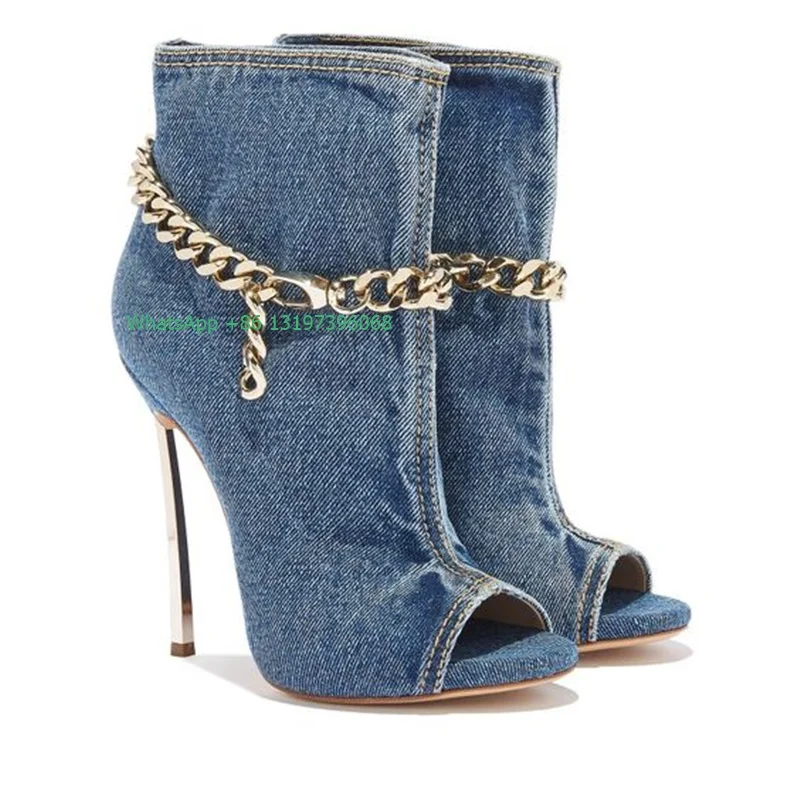 

Denim peep toe metal chain embellished catwalk model ankle sandals & boots western cowboy boots plus size everyday sandals 43