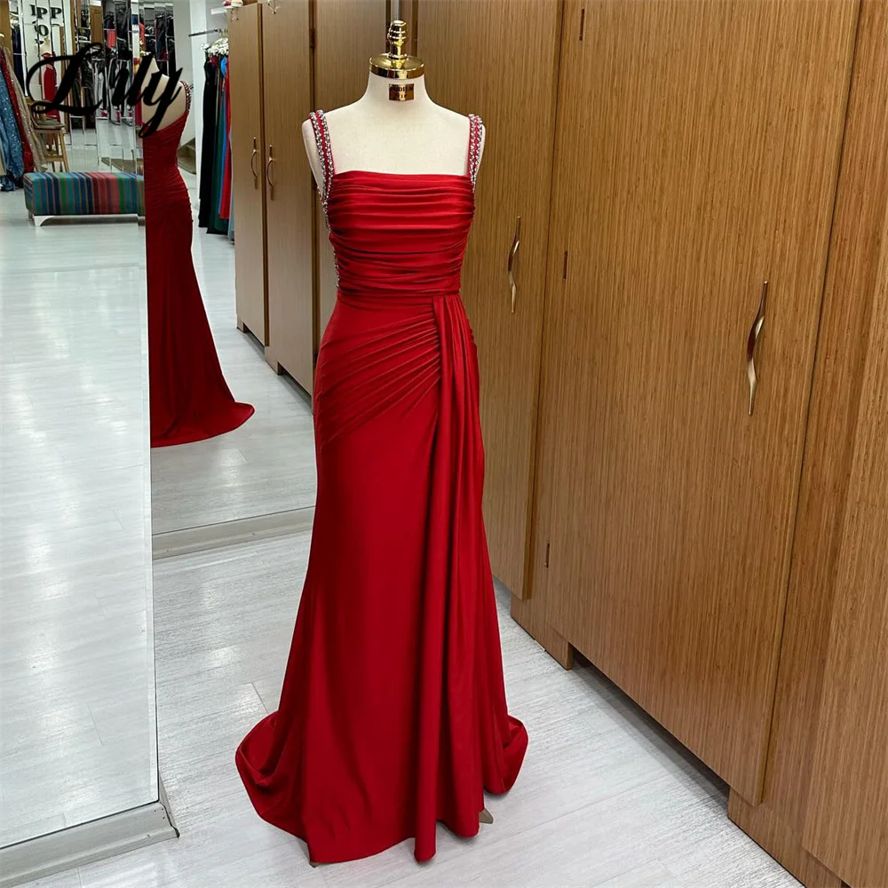 

Lily Red Mermaid Stain Prom Dress Spaghetti Strap Party Dress Pleat Celebrity Gowns Beading Wedding Party Dress вечерние платья