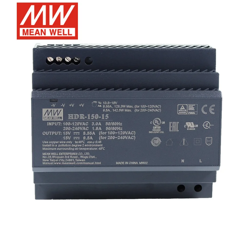 MEAN WELL DIN 레일 전원 공급 장치, HDR-15 HDR-30 HDR-60 HDR-100 HDR-150, Meanwell 슬림 LED 드라이버 HDR-150-24, 5V, 12V, 15V, 24V,