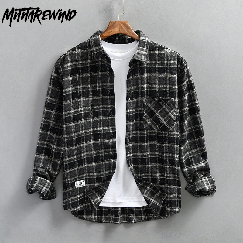 Harajuku Fashion New Plaid Shirts Men Spring Fall Loose Thicken Workwear Tops Pure Cotton Long Sleeve Shirt 4XL Vintage Clothes