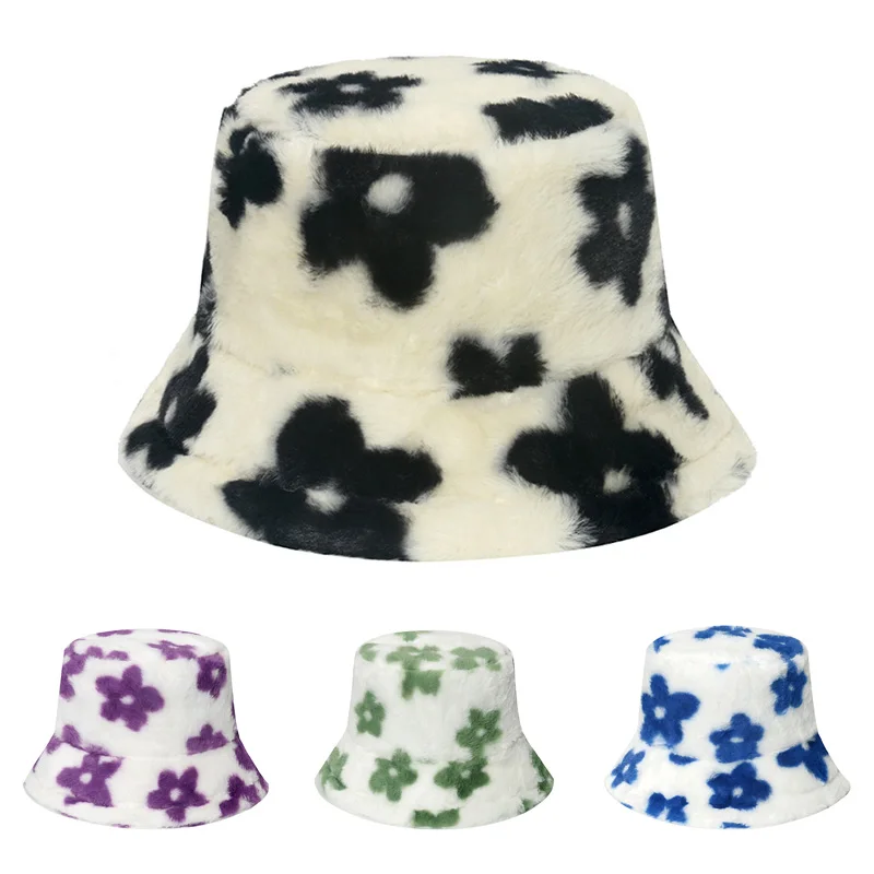 

Autumn Winter Plush Flower Bucket Hats Ladies Trend Wild Plush Basin Hat Outdoor Wide Brim Warm Fisherman Cap Panama Caps