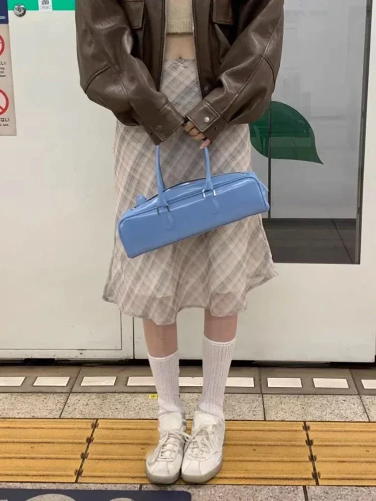 Spring French Retro High Waist Women Half Skirt Korean Versatile Contrast Color Checkered Sweet Loose Women's Hip Wrap Skirt