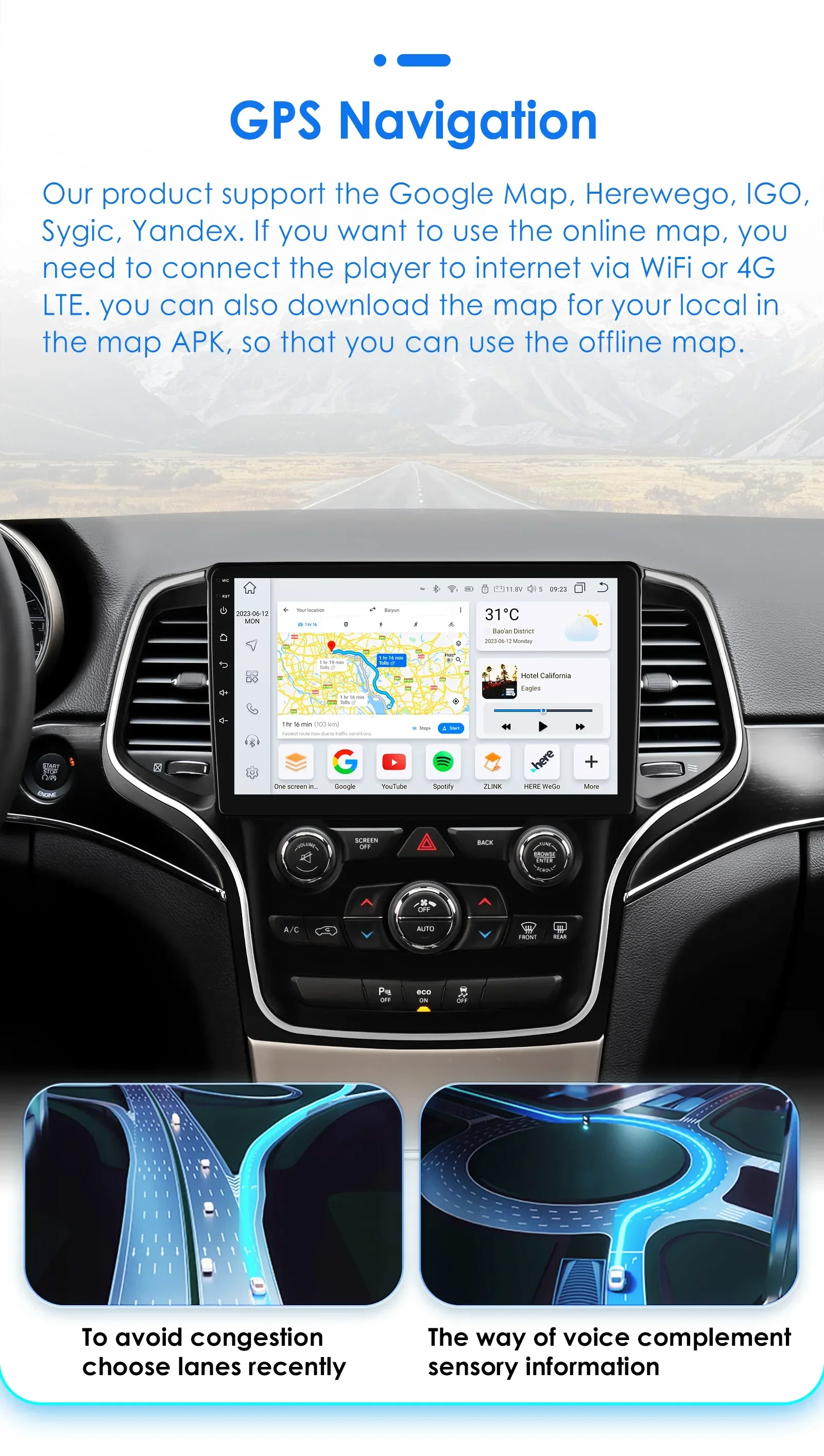 9\" For Jeep Grand Cherokee 2014-2022 Apple Carplay Android 13 Auto Head Unit Car Radio Intelligent System GPS WIFI 4-64GB Navi