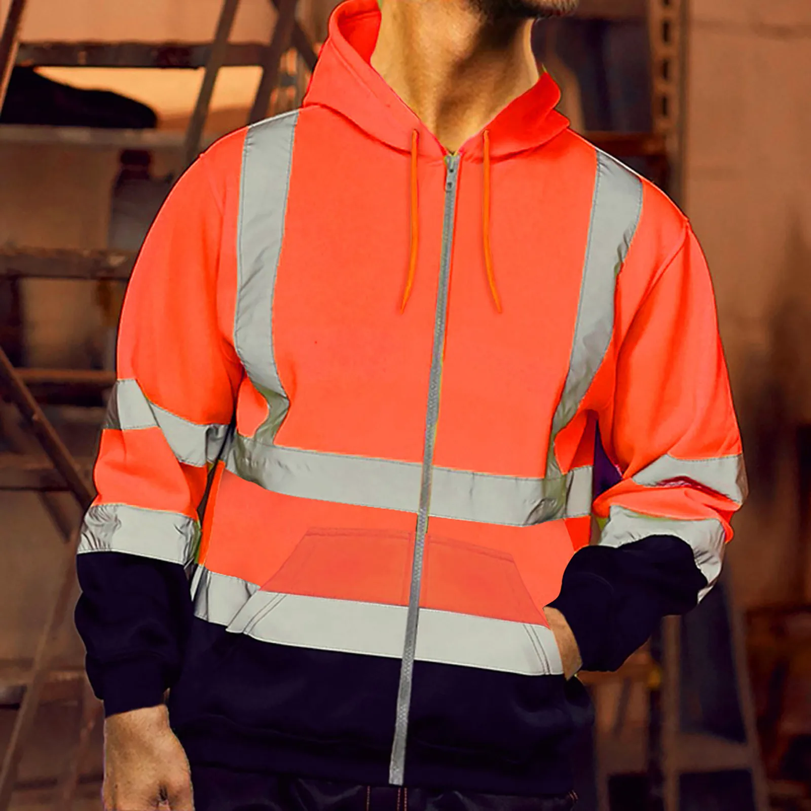

Men's Reflective Strip Hoodie Fashion Long Sleeve Color Matching Hooded Fitting Zipper Sweatshirt for Fall Daily Casual Wear