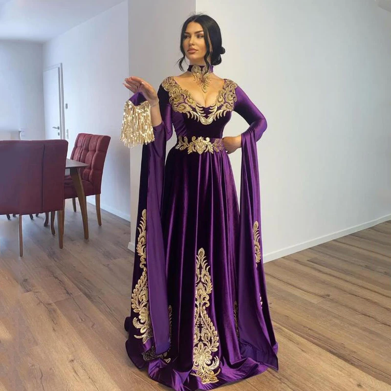 Koendye Purple Moroccan Caftan Evening Dress 2024 Dubai Saudi Arabic Abaya Embroidery Velour Long Sleeve Islamic Prom Dresses light purple sheer evening dresses middle east satin party dress 2021 saudi arabic dubai long prom gowns robe de soiree