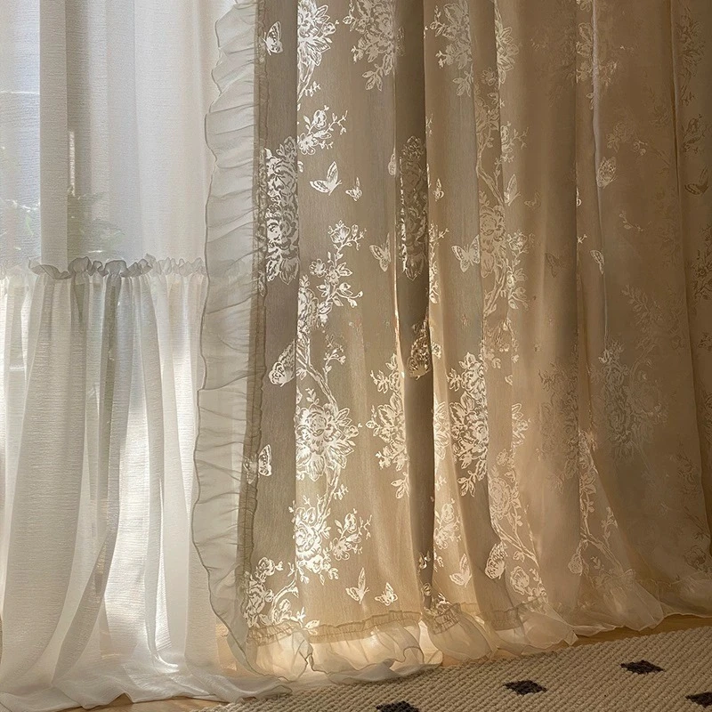 Francouzský motýl romantické dutý výšivka úplný záclony pro žití pokoj ložnice jídelní béžová výpadek bělouš tyl kněžna