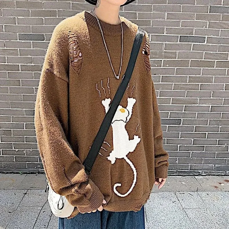 2024 Spring And Autumn Leaky Hole Sweater Korean Edition Men's Travel Handsome Abstract Pattern Loose Long Sleeved Knitted Shirt