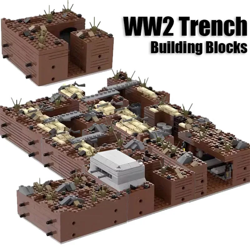 

WW2 Military Trench Building Blocks Kit Soldiers Army Figures War Scene Ruins Weapons Blockhouse Battlefield Bricks Toys Boys