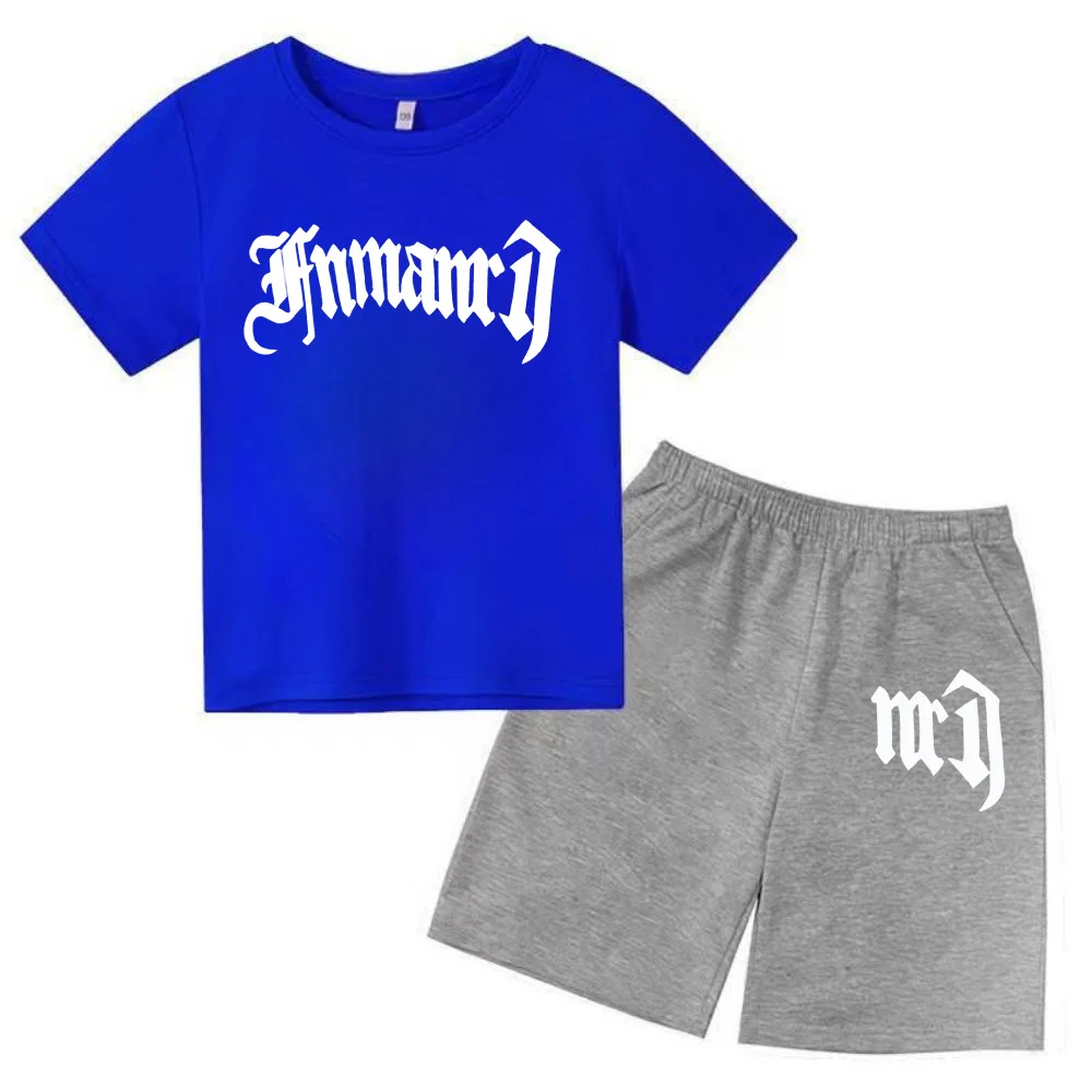 thumbnail image 1 of Ropa para niños con estampado de marca gótica, conjunto de camiseta y pantalones cortos de verano para adolescentes, 2 piezas, manga corta, moda informal para niños y niñas, 1 of 5