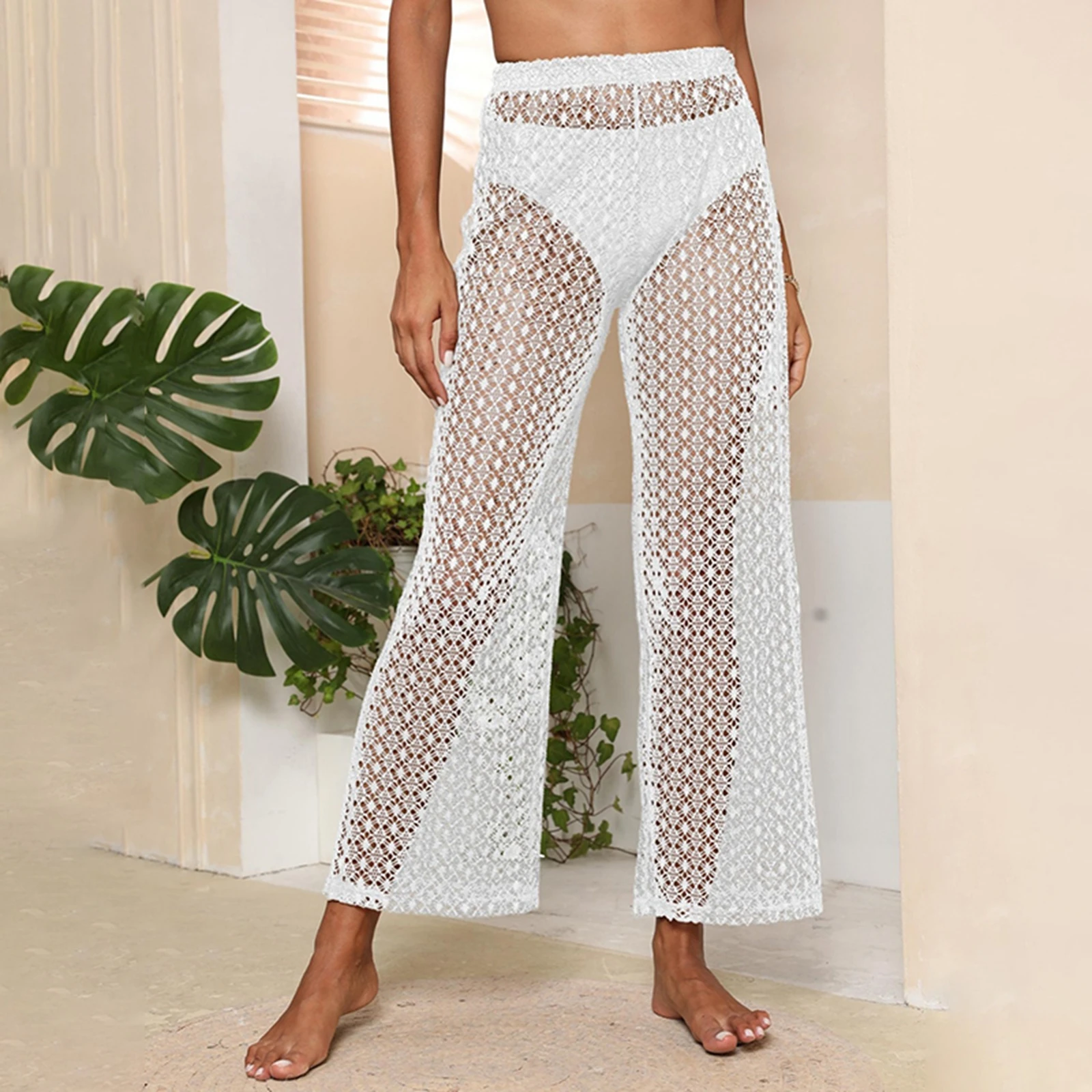 

Women Pants Summer Casual Beachwear Female Elastic Band Wide Leg Lace Floral Beach Pants Swimwear
