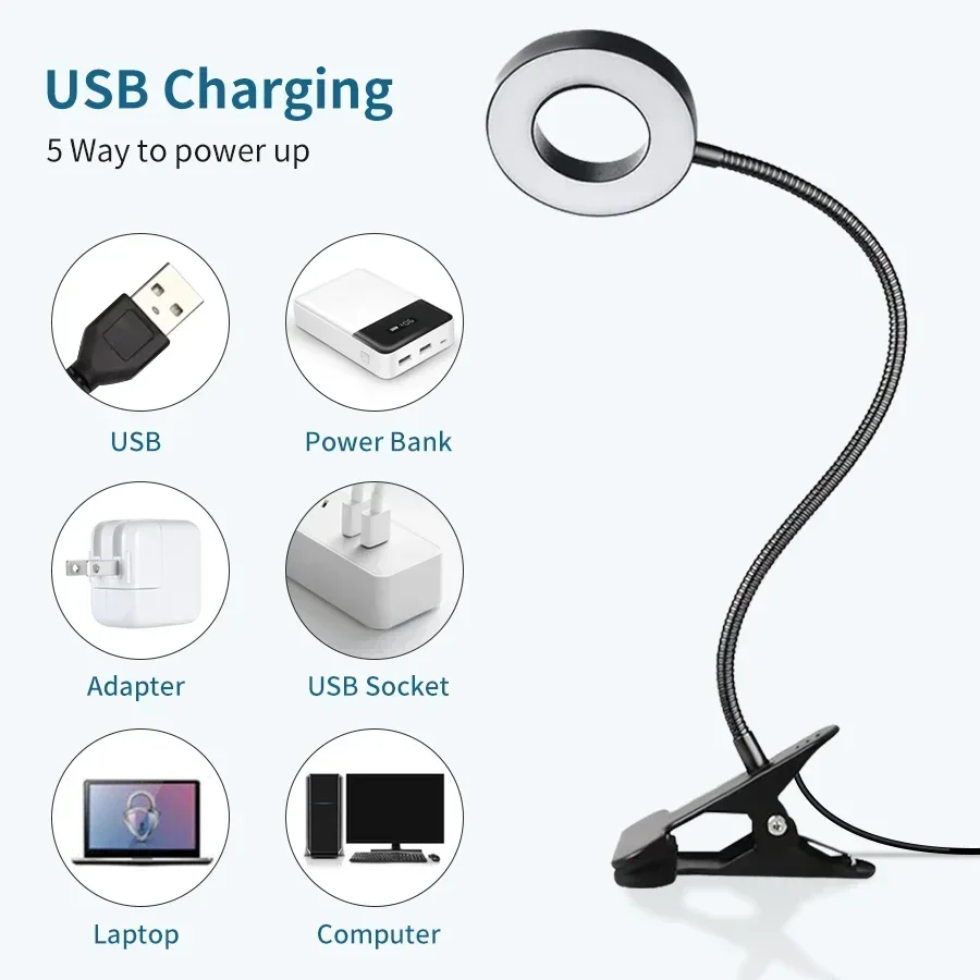 LED Desk Clip Study Lamp USB 3 Colours Adjustable Bedside Desk Night Lamp Multi-purpose Flexible Black Reading Lights 2