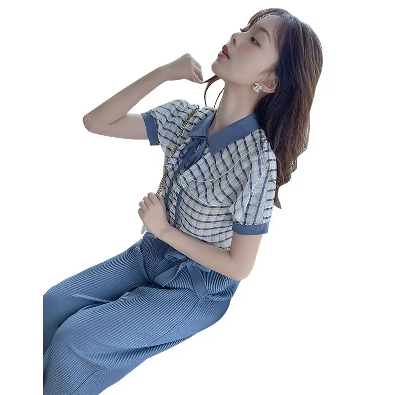 2023 Summer New Check Panel Short Sleeve Chiffon Shirt Casual Wide Leg Pants Two Piece Elegant Women's Pants Set Outfits