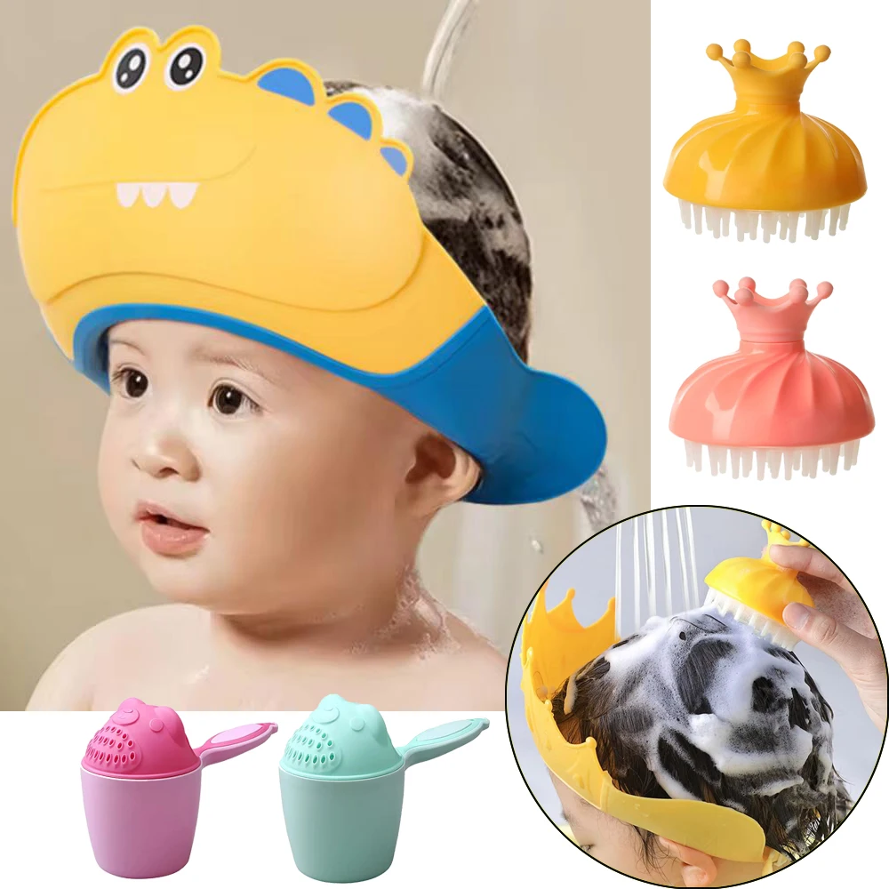 Baby Bathing Hair Washing Caps Eyes Protection Baby Shampoo Cup Funny Shower Bucket Kids Hair Massage Soft Comb Cleaning Brush