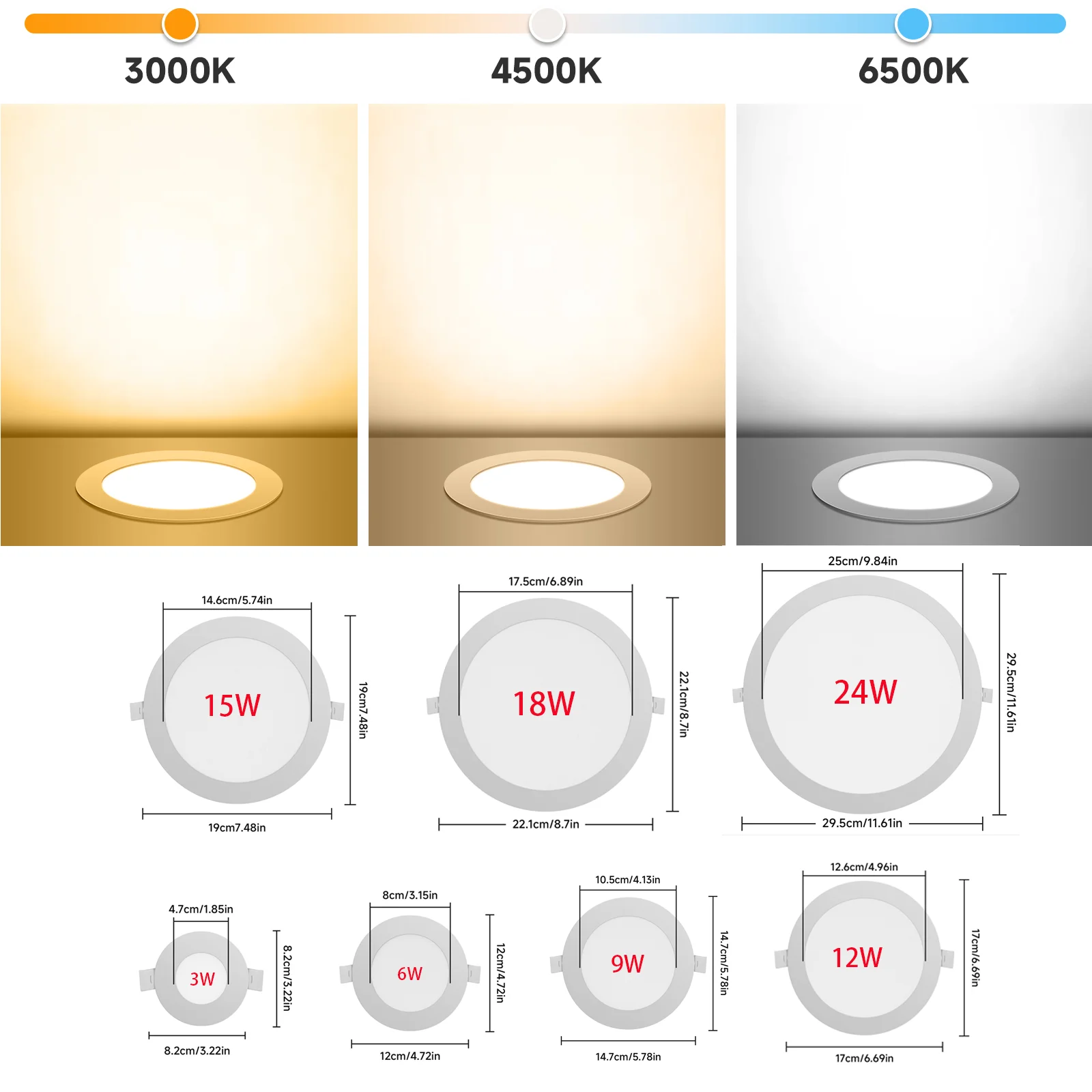 Energy Saving Ultra Thin LED Recessed Ceiling Panel Light 3 Colour Temp 3000K 4500K 6500K for Kitchen Bathroom