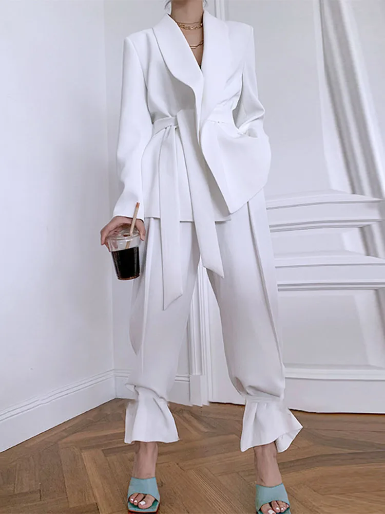

TARUXY Lace Up Slim Blazer Women Suit Set Autumn White High Waist Fashion Pants Street Casual Office Pant 2 Piece Sets Outfits