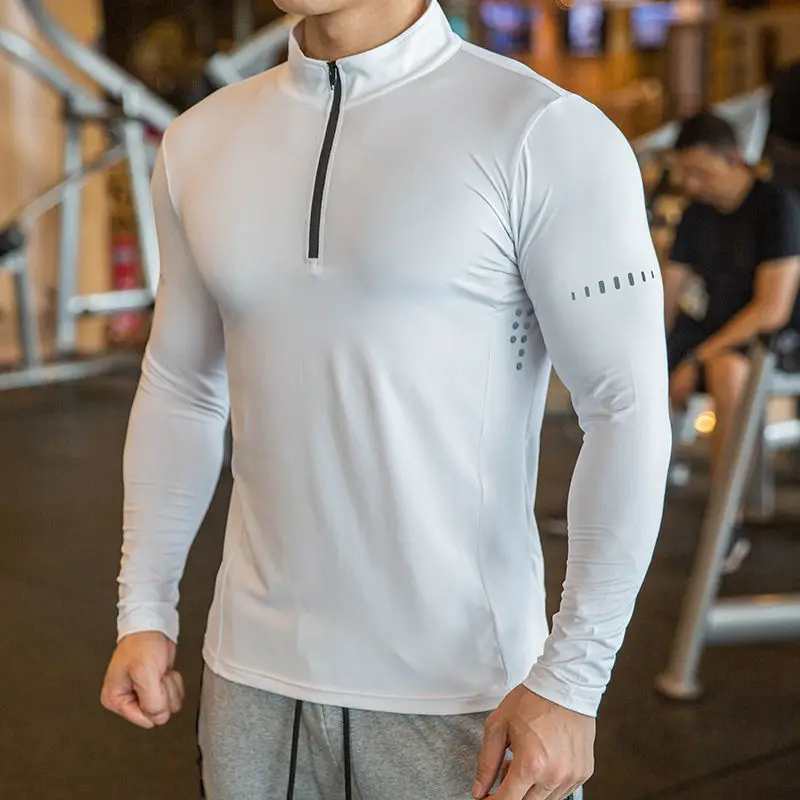 Men Slim Fit Track Top Men's Half Zipper Stand Collar Sports T-shirt with Long Sleeves for Running Fitness Training Breathable 4