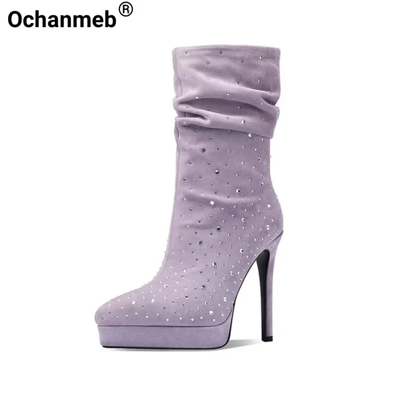 

Ochanmeb Women Sheep Suede Boots Stiletto Thin High Heels Embellished Crystal Pleated Boot Sexy Woman Winter Platform Shoe 33-41