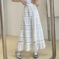 Embroidery Eyelet Cut-out Maxi Skirt White Cotton Semi Sheer Flowy Long Skirt Women Boho Summer Vacation Fairycore Outfit - Image 6