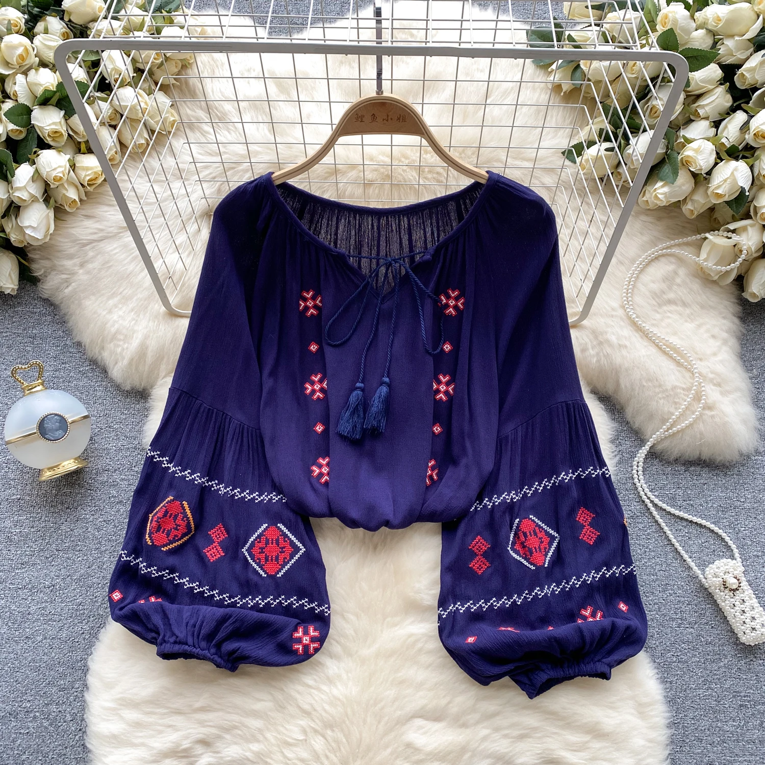 Vintage Minority Women Blouse Fashion O-neck Long Puff