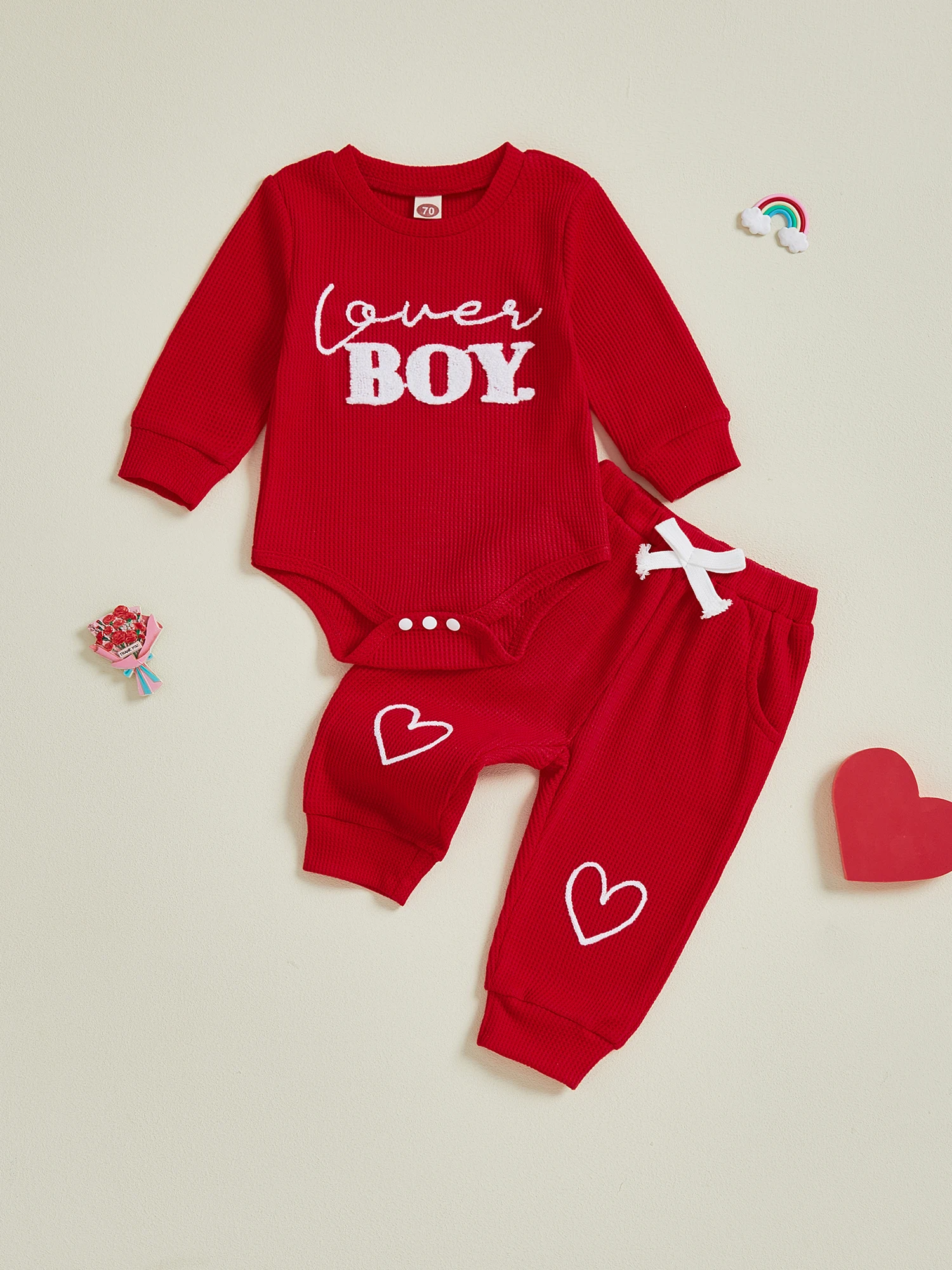 Adorable Baby Boy s Valentine s Day Ensemble Stylish Long Sleeve Romper with Embroidered Letters and Matching Pants Set