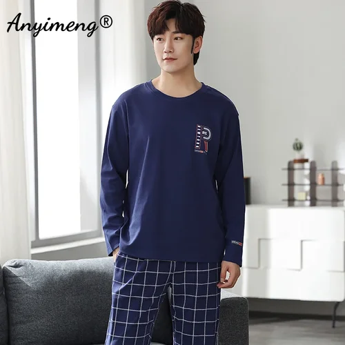 한국어 미니멀리스트 스타일 남자 잠옷 세트 긴 소매 Loungewear 코 튼 잠 옷 소년 레저 망 Pijamas 패션 Homesuits 3