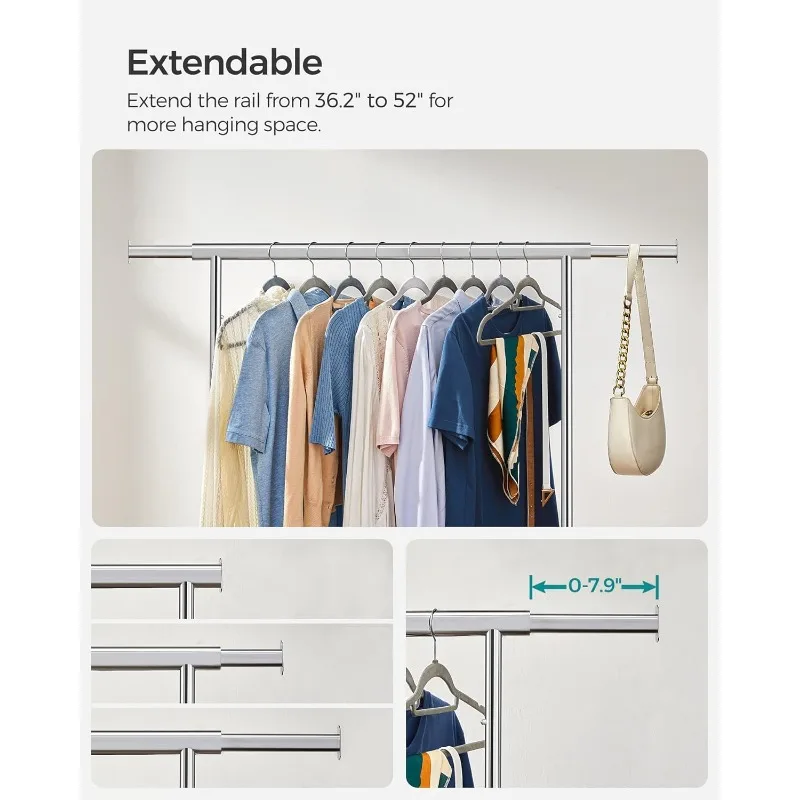Clothes Rack with Wheels, Heavy-Duty Garment Rack with Extendable Rod, 286.6 lb Load Capacity, 4