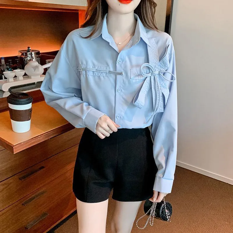 Sweet Chic Bow Blue White Streetwear Tunic Shirts Spring Autumn Fashion Casual Loose Long Sleeve Tops Blouses for Women Clothing