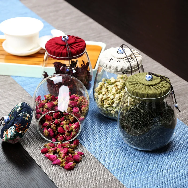 Cotton Print Cloth Lid Tea Canister 450ML Airtight Glass Jar Isolated Air Long Time Storage