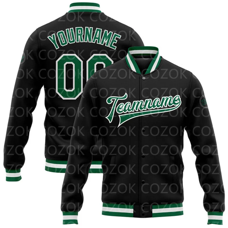 

Custom Black Green 3D Printed Baseball Button Jacket Bomber Full-Snap Varsity Letterman Jacket