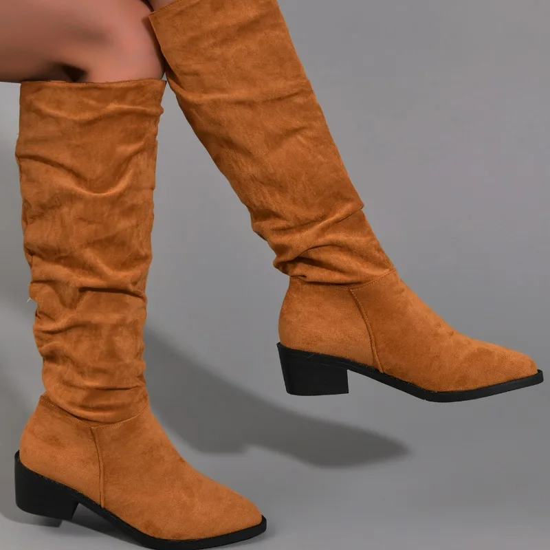 Women Western Boots 2024 Winter New Korean Style Retro Pointed Toe Long Boots Female Thick Heel Outdoor Shoes Botas De Mujer 43