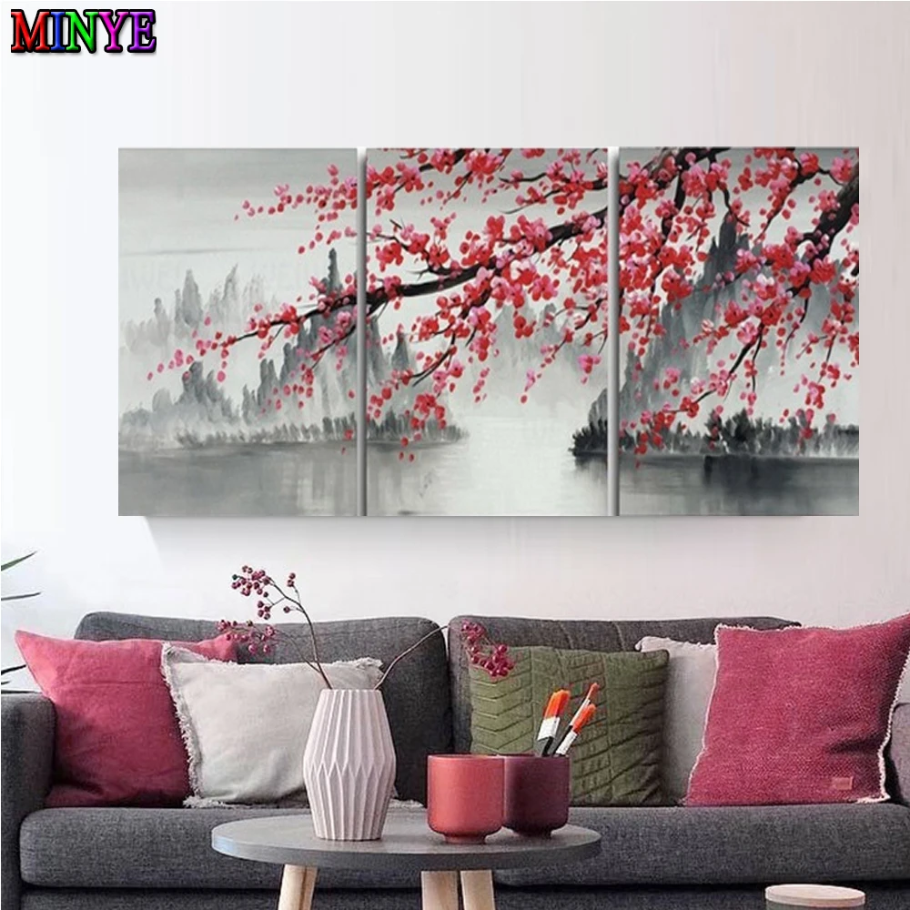 

3 Panel Chinese Style Plum Wall Art Diamond Painting Full Drill Mosaic Rhinestones Cross Stitch Embroidery Abstract Landscape