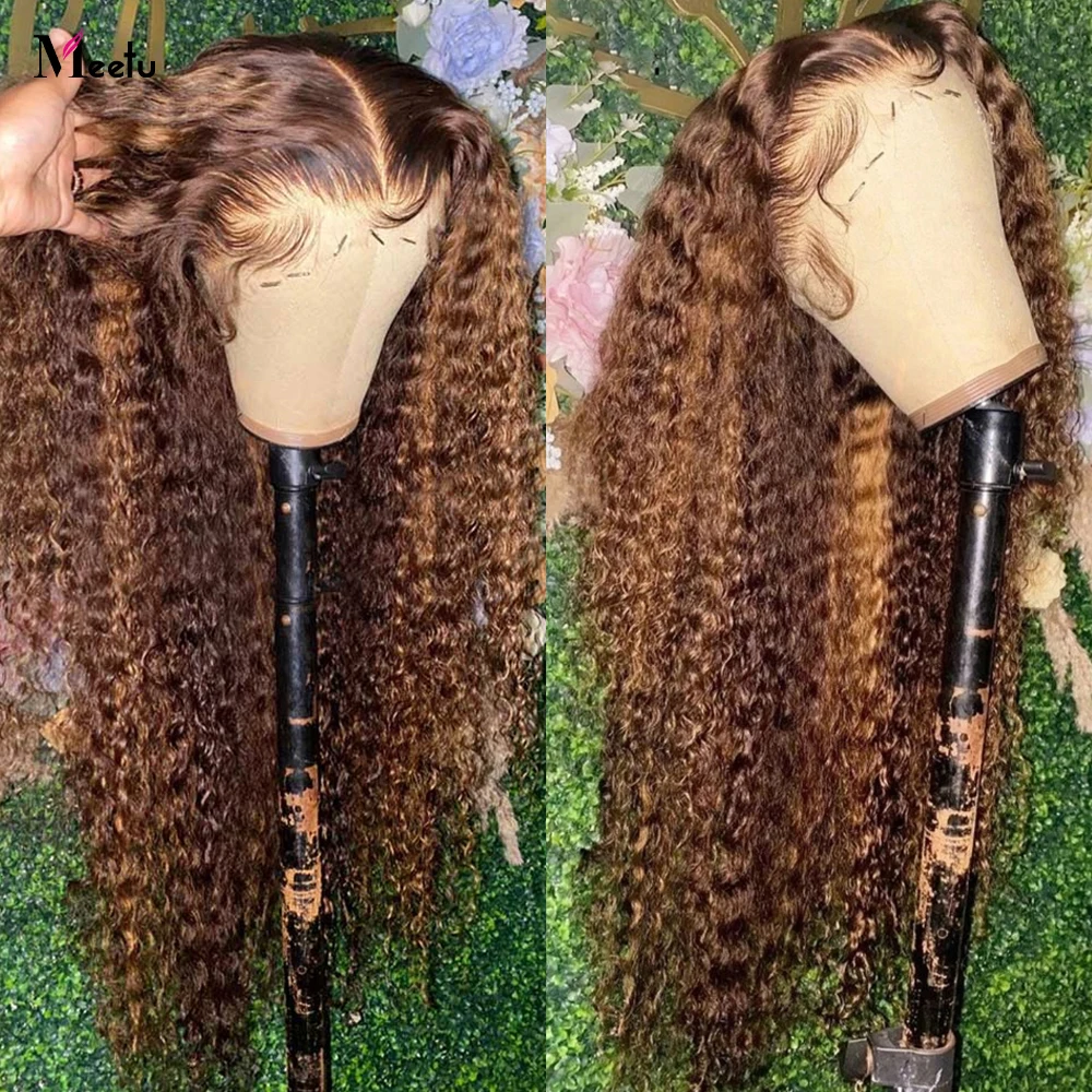 P4/27 evidenziare parrucca capelli umani 13x4 parrucca di capelli umani ricci trasparenti parrucca di chiusura in pizzo brasiliano Ombre biondo miele per le donne