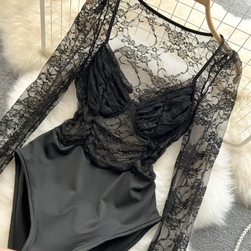 CHILLGIO Sexy Spitze Bodys Frauen Langen Ärmeln Bodycon Mode Streetwear Beiläufige Dünne Strampler Chic Floral Kombination Catsuits – Detail 12