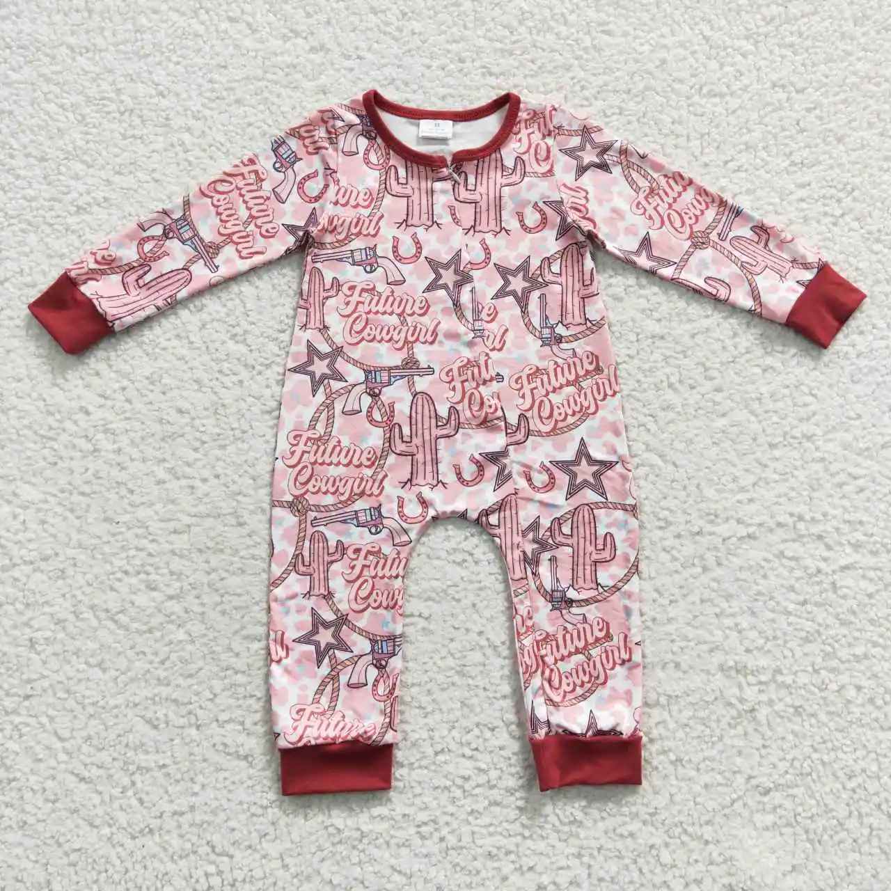 

2​023 RTS Wholesale Fancy Toddler Future Cowgirl Clothing Baby Western Rompers Infants Pink Zip One-Pieces
