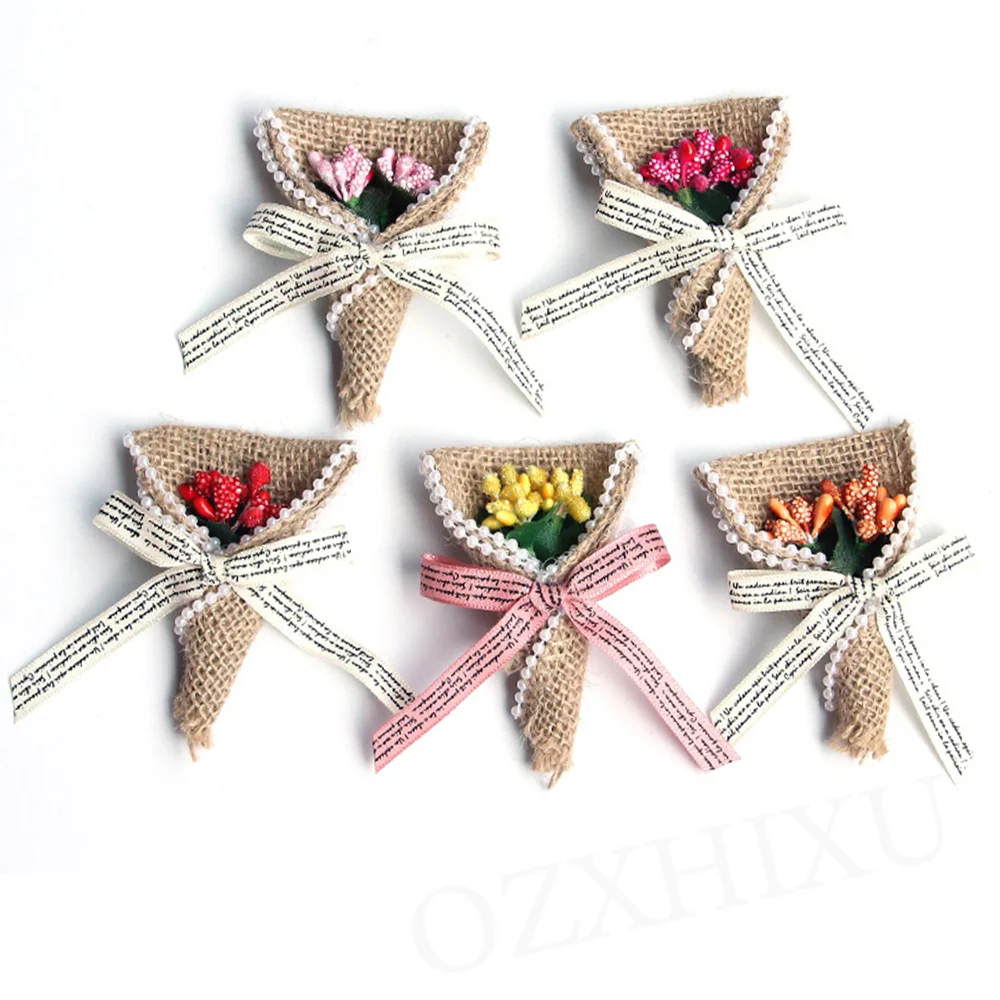 2/3/5 pezzi di iuta fatta a mano tela di iuta rosa fiori vintage rustico decorazione di nozze evento di natale festa accessori artigianali fai da te  15
