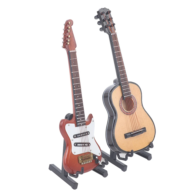 1/6 Dollhouse Miniature Wooden Electric Guitar With Stand Model Instrument Toy Gift For Children Kids 3